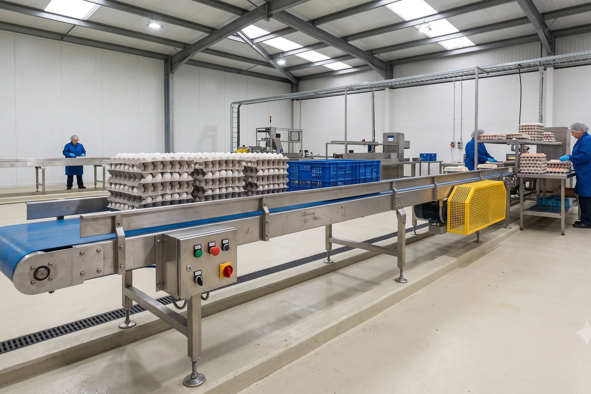 A long belt conveyor carrying stacked egg trays through a packing hall