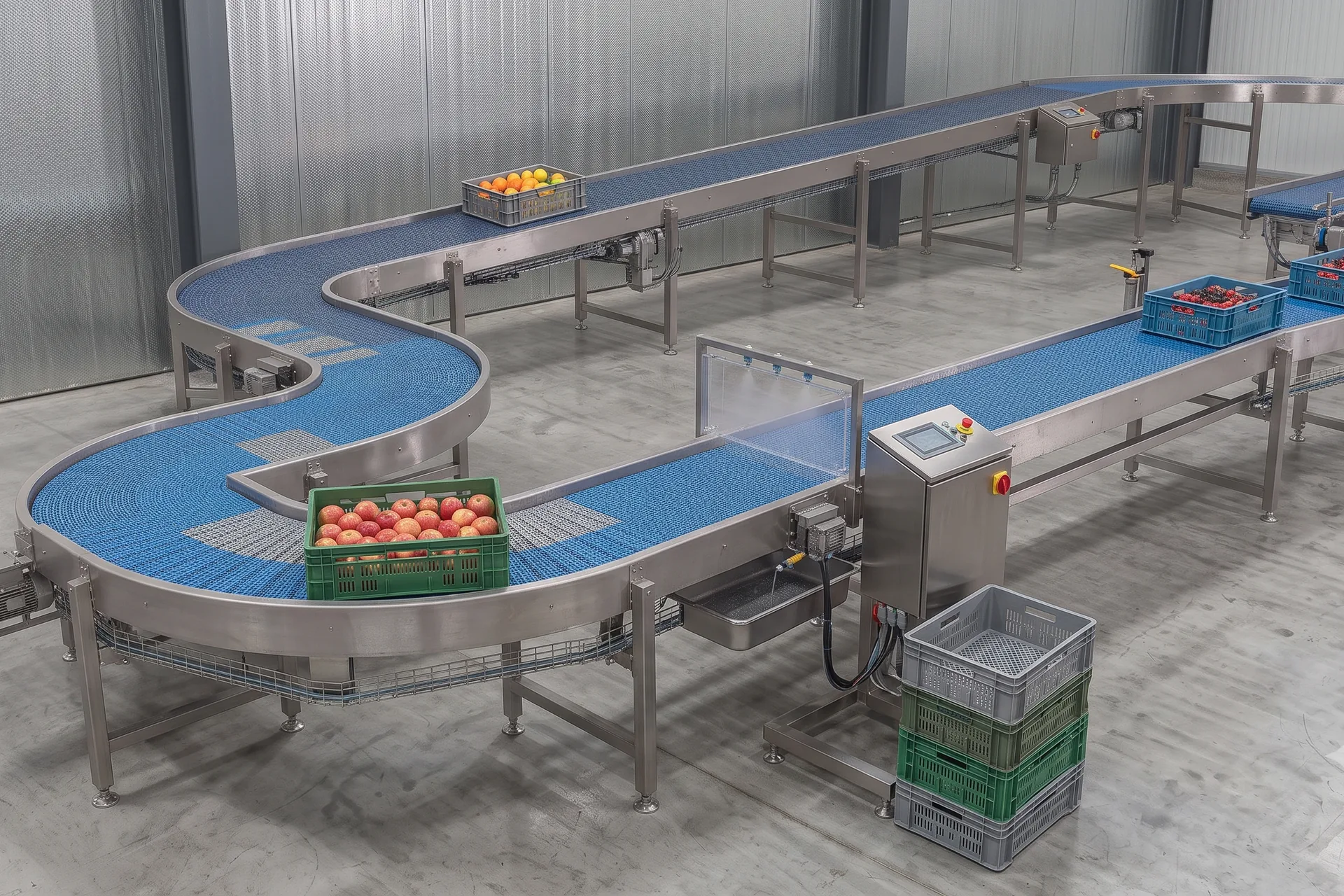Modular plastic belt conveyor curving through a packing room with crates of fruit