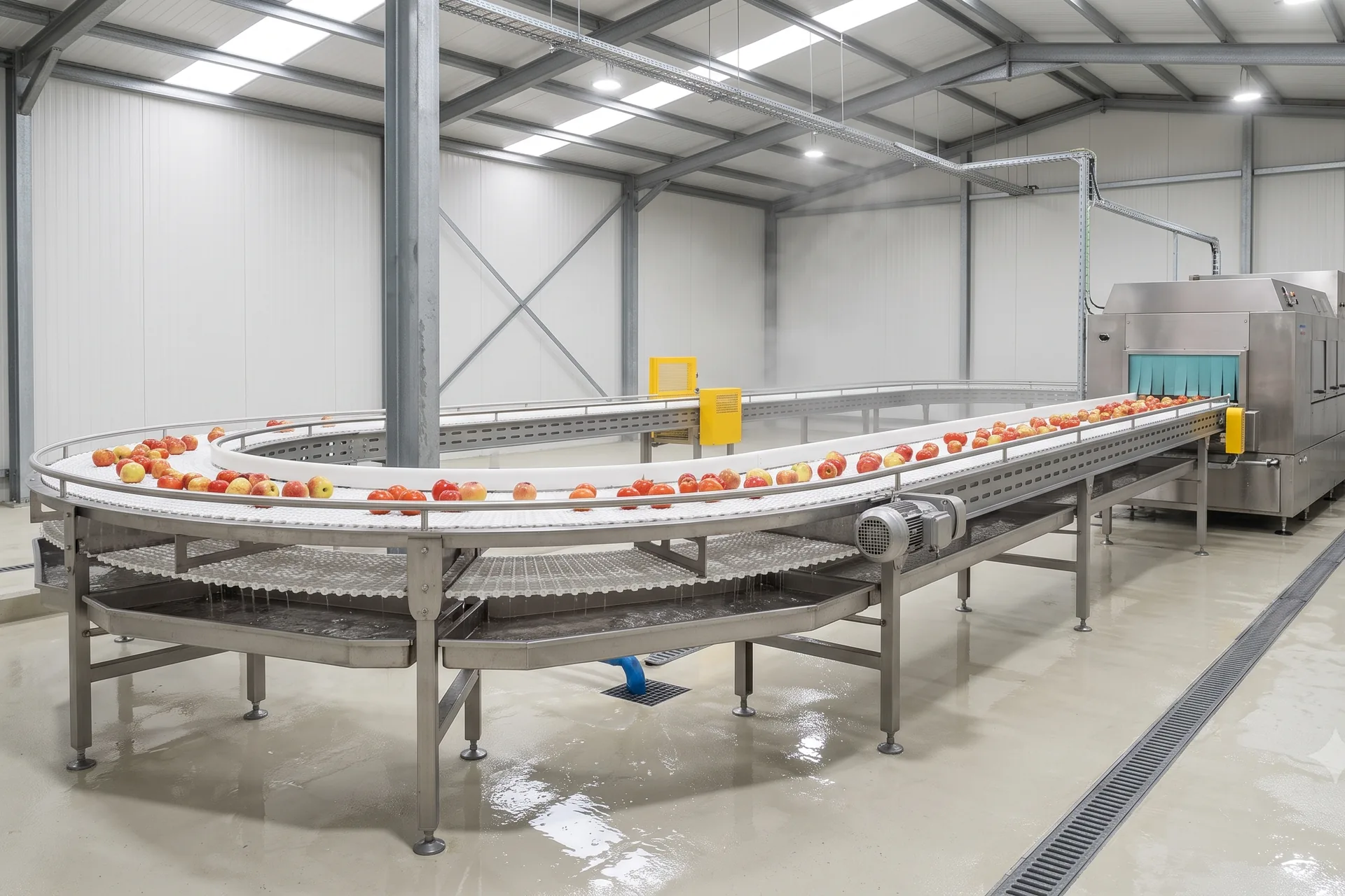 Stainless steel conveyor over a drained floor feeding a washing machine